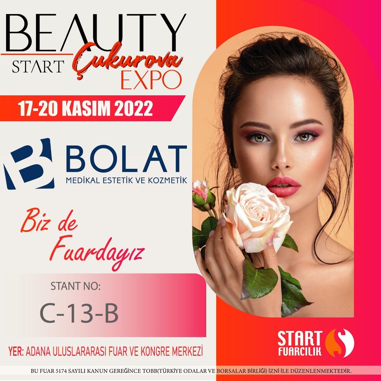17-20 Kasım tarihleri arasında düzenlenen, Start Beauty Çukurova Expo Fuarında yerimizi aldık. C-13 B nolu standımıza bekliyoruz.